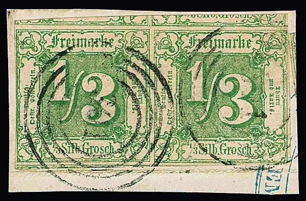 1/3 Sgr. vert jaunâtre, paire horizontale de cabinet aux marges complètes à très larges, sur fragment de lettre, NS "301" (Bremen), Mi. 500,- +