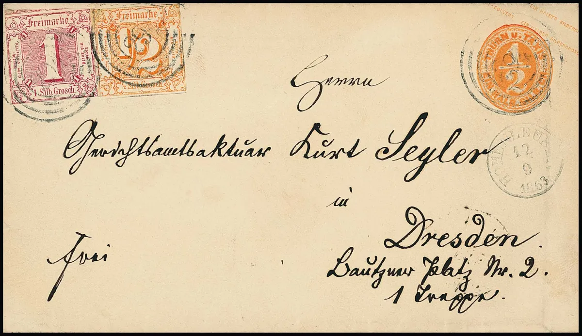 1/2 Sgr. orange et 1 Sgr. carmin, découpe habituelle, combinaison rare avec NS "294" et petit cachet à date "Hohenleuben" sur entier 1/2 Sgr. orange