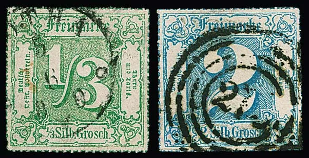 1/3 Sgr. jaune-vert à 3 Sgr. brun ocre, perforés en couleur, cinq valeurs oblitérées en bon état, valeurs maximales signées. Mi. 1885,-