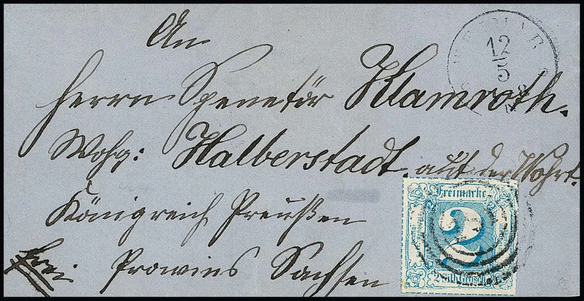 2 Sgr. light blue as single franking on small-format letter with NS "251" and K1 "Wetzlar" to Halberstadt