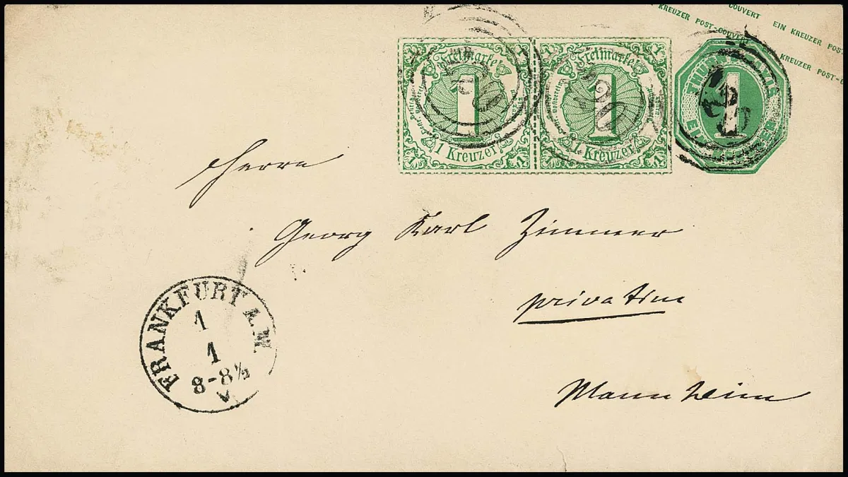 1 Kr. vert, magnifique paire sur entier postal 1 Kr. vert, avec NS "220" et K1 de Francfort comme enveloppe de Nouvel An pour Mannheim
