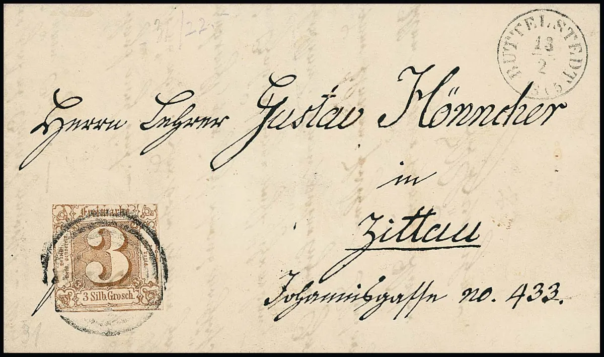"227" avec K2 "Buttelstädt" sur lettre 3 Sgr. (Taxisschnitt), rareté de cachet, Feuser + 1200,-