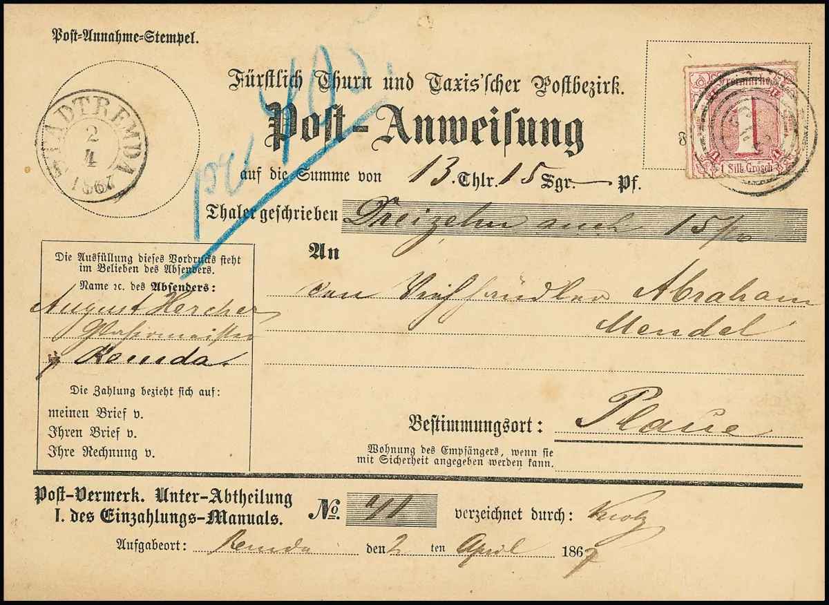 "243" nebst K2 "Stadtremda" 1867 auf leicht unfrischer Postanweisung mit 1 Sgr.