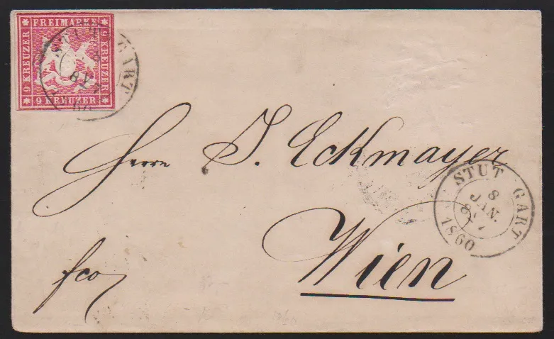 9 Kr. carmine, upper right sheet corner with corresponding printing margins on magnificent cover from Stuttgart to Vienna
