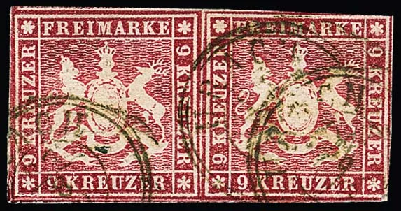9 Kr. deep carmine, horizontally cancelled magnificent pair, Mi. 1000,-