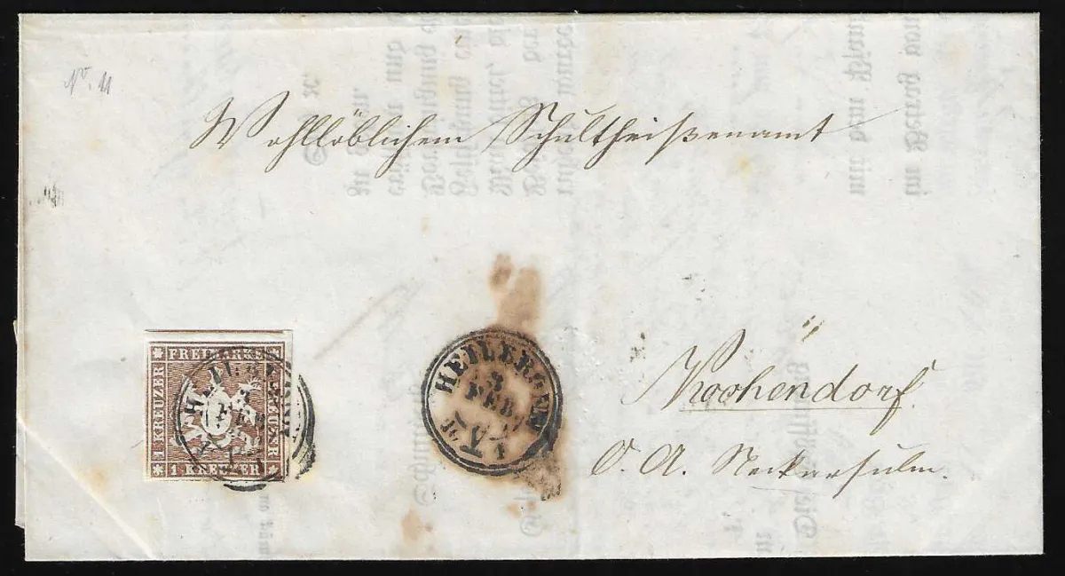 1 Kr. braun, voll- bis überrandig, Prachtstück mit K2 "Heilbronn" (Stempelfett im Nebenstempel) auf Faltbrief, Mi. 400,-