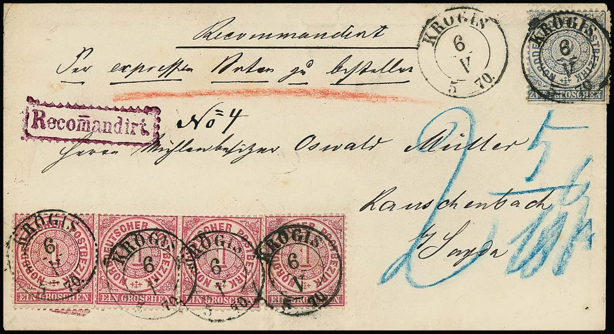 1 Gr. rose en bande de trois et pièce isolée, ainsi que 2 Gr. bleu (petits défauts, partiellement séparés aux ciseaux), sur lettre recommandée de campagne exprès rare avec cachet de Saxe "Krögis"