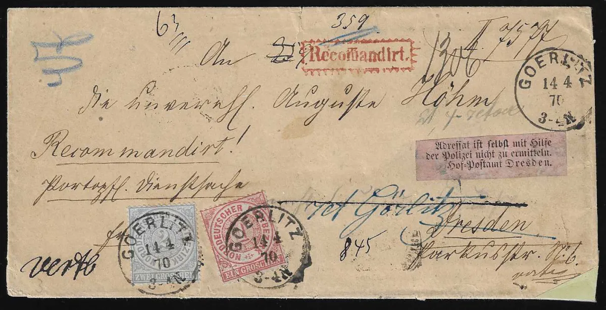 1 Gr. carmine and 2 Gr. ultramarine, superb items with K1 "Goerlitz" on return letter (minor corner fault) to Dresden, with purple return label