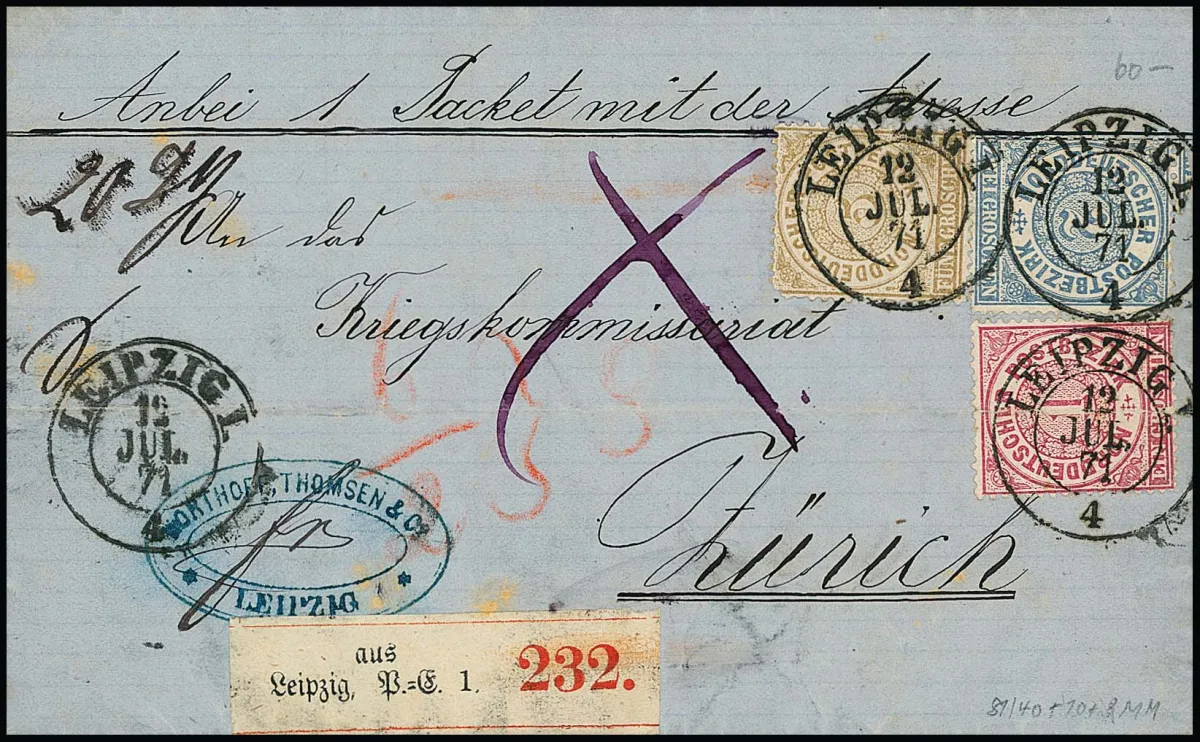 1 Gr. rosa, 2 Gr. blau und 5 Gr. ockerbraun auf Auslands-Paketbegleitbrief mit K2 "Leipzig", 13.7.71, an das Kriegskommissariat in Zürich, (kl.) Mgl., z.B. 1…