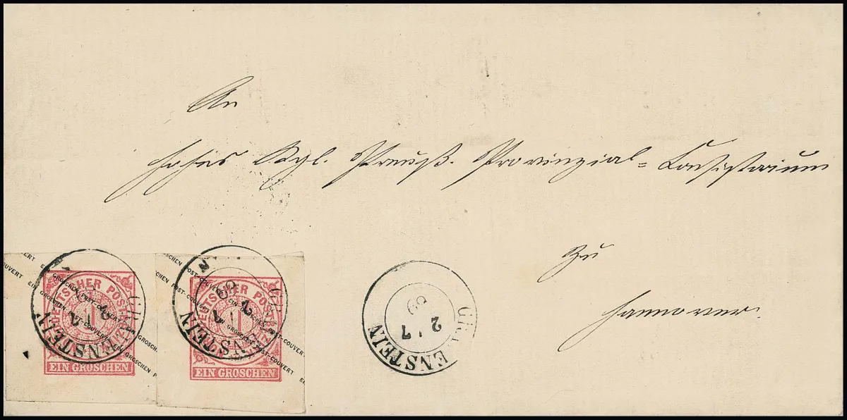 Postal stationery cut-out 1 Gr. pink, two very wide-margined examples as unusual multiple franking on superb letter with reused SH-K2 "Gravenstein", 1869 to Hanover