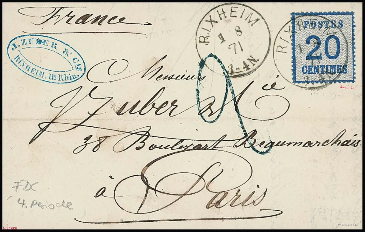 20 C. blue, fresh choice item with K1 "Rixheim" (1.8.71, first day 4th period) on folded letter in double franking with blue tax mark "2" to Paris, signed Blecher, Pfenninger