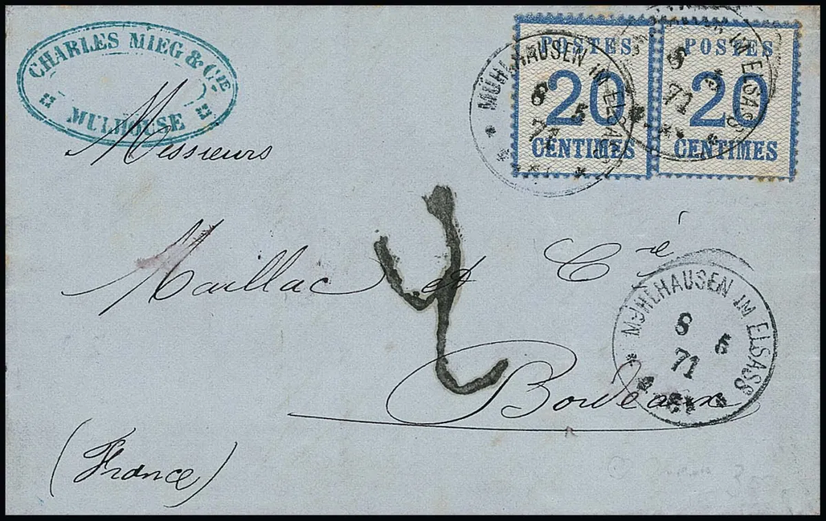 20 C. blue in two examples (one with slight edge toning) in double franking with rare tax mark "4" on letter from Mulhouse, 8.5.71, to Bordeaux