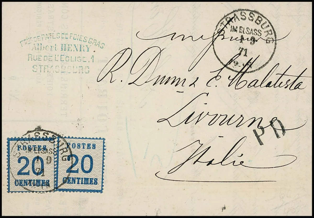20 C. blue in two examples on magnificent letter with K1 "Strassburg im Elsass", 1.9.71, to Livorno/Italy. Decorative printed content of the still existing delicatessen firm Albert Henry, with prices for goose foie gras and Périgord truffles