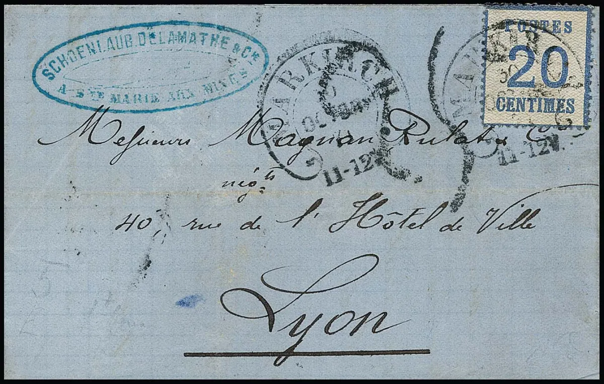 "Markirch", 30.10.71, clear on folded letter with Alsace 20 C. blue (teeth slightly bumped at top due to edge adhesion), in double franking with tax mark "25" to Lyon