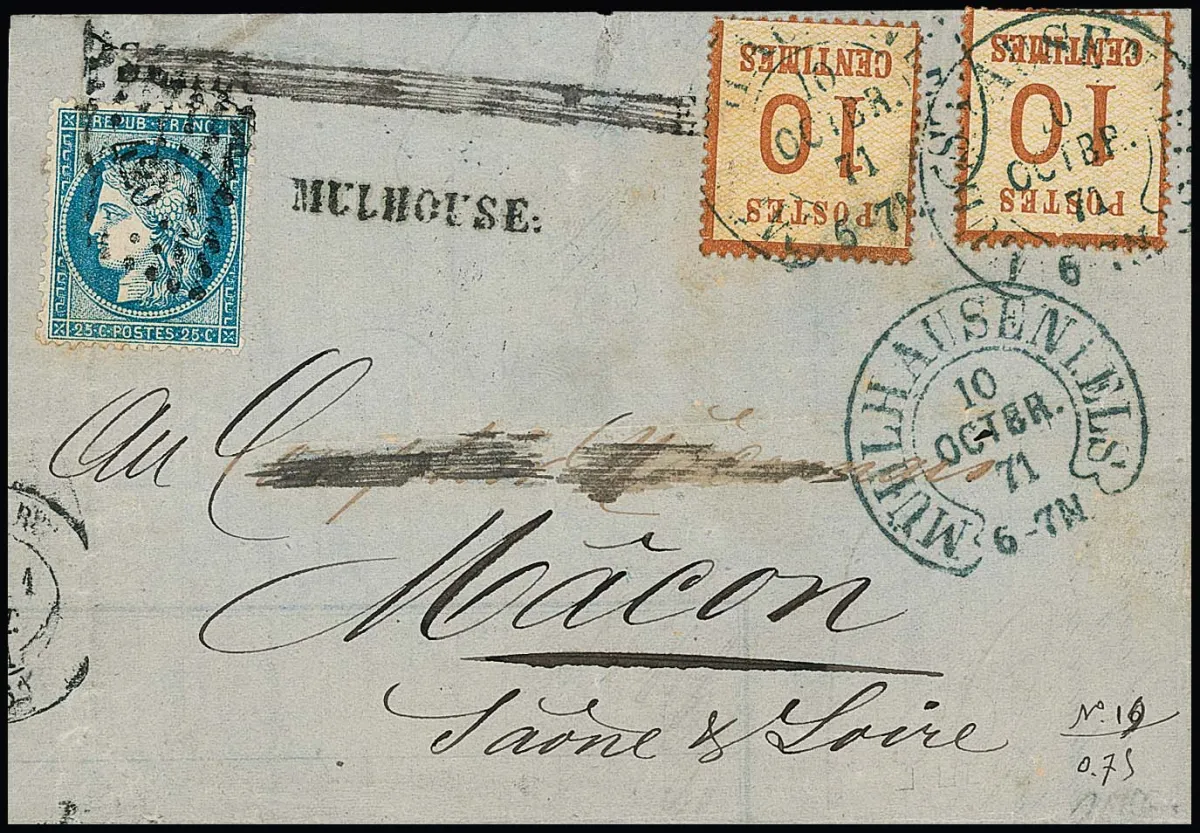 "Mühlhausen i. Els." (26-1) klar auf Faltbrief mit zweimal Elsaß 10 C. gelbbraun, 10.10.71, in Doppelfrankatur mit Frankreich 25 C. blau, Ceres (Bugspur),…