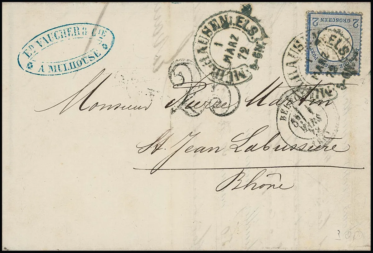 "Mühlhausen i. Els.", better type 26-3 in bluish black in double franking with tax mark "25" on folded letter with 2 Gr. small breast shield (slight fold trace)