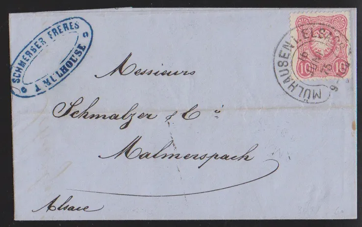 "Mülhausen i. Elsass" (Spal. 26-8) auf Drucksache 1/3 Gr. gelbgrün und Brief 10 Pfge.