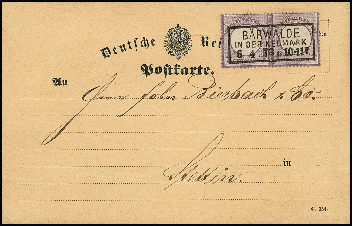 1/4 Gr. purple, horizontal luxury pair with special feature "missing perforation hole FZL r7/I 7", as well as small format L15, on fresh postcard (form slight bends outside) from Bärwalde to Stettin, photo exp. Krug