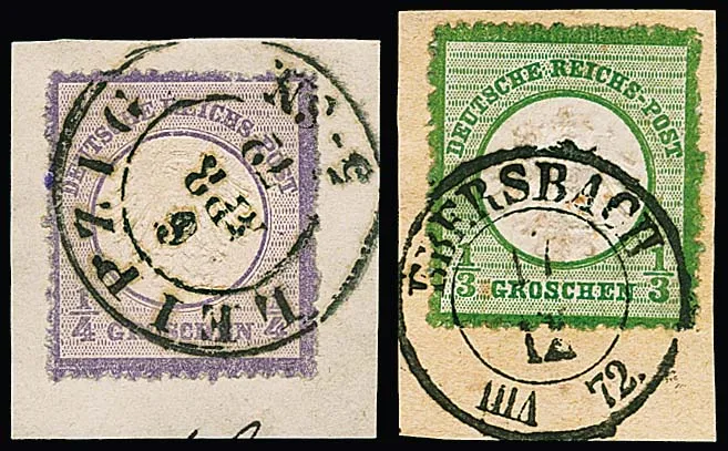 1/4 Gr. violet (K2 "Leipzig") and 1/3 Gr. dark green (K2 "Ebersbach"), two letter pieces with stamps in extremely rough, sawtooth-like perforation, see photo
