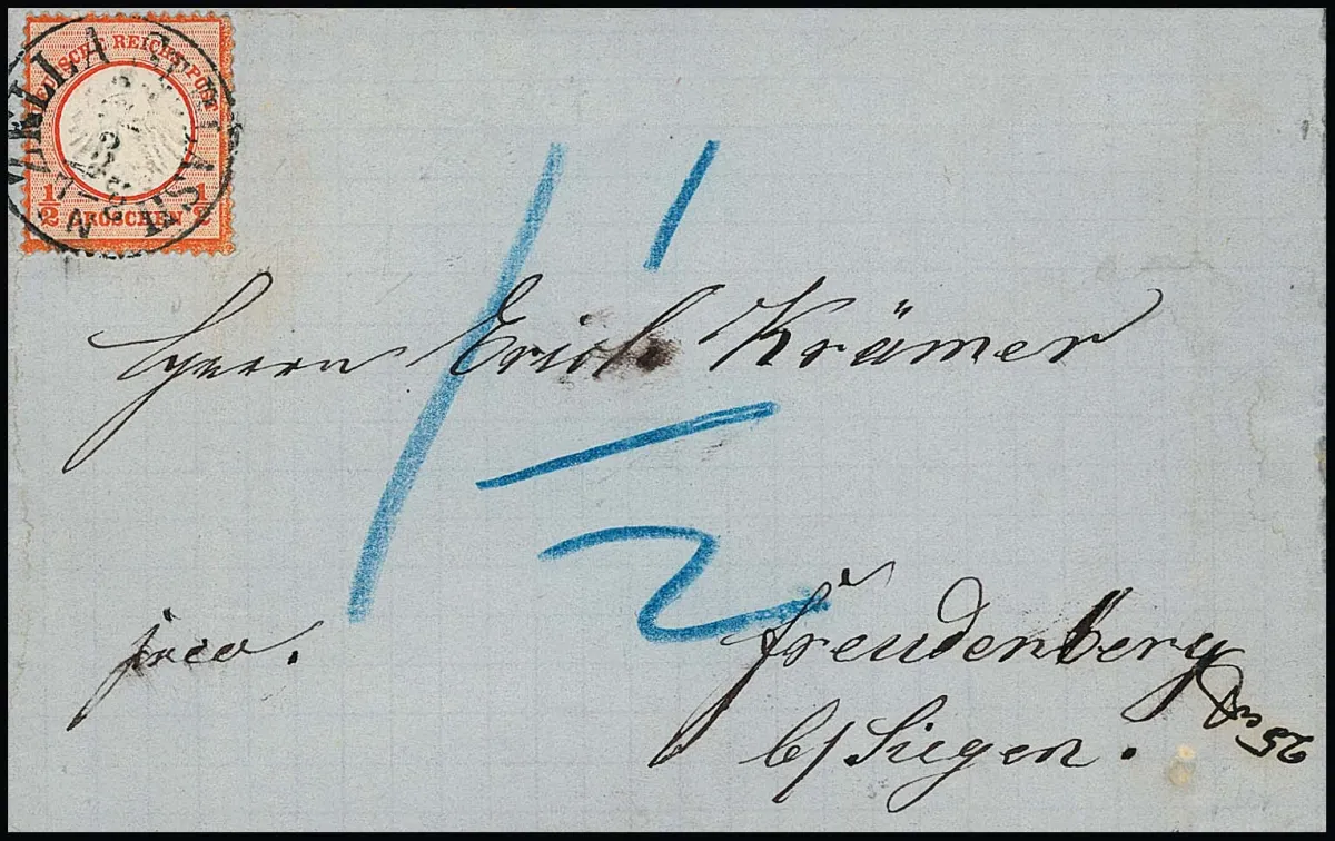1/2 Gr. ziegelrot einzeln auf Brief (leichte Faltspuren ausserhalb) mit Taxis-K1 "Zella St. Blasii" nach Freudenberg bei Siegen, unterfrankiert und…