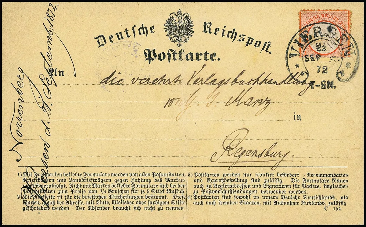 1/2 Gr. brick red, almost halved stamp (possibly postal fraud) unusually unchallenged used on centrally folded postcard with HE "Viersen"