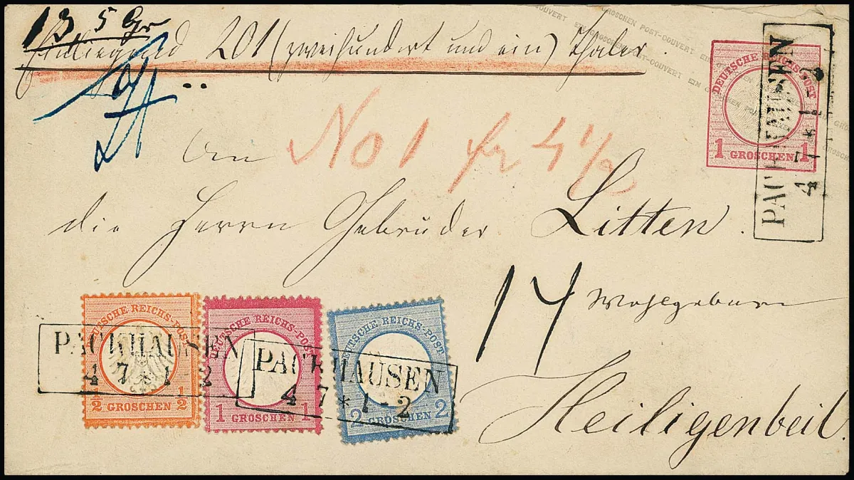1/2 Gr. brick red, 1 Gr. pink and 2 Gr. blue, cabinet pieces with better reused Ra2 "Packhausen" on postal stationery 1 Gr. pink, as parcel accompanying letter to Heiligenbeil