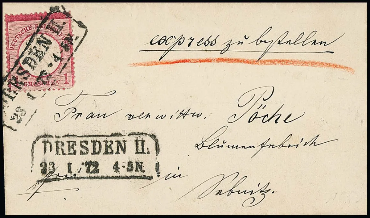 1 Gr. rosa ("eckrund") einzeln auf kleinem Expreßbriefchen aus dem ersten Monat, 23.1.72, mit Ra2 "Dresden II" nach Sebnitz, rs. "2 1/2 Gr." Expreßgebühr…
