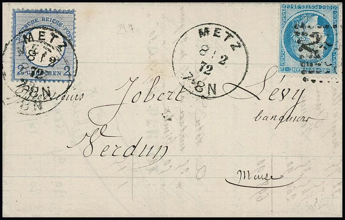 2 Gr. blauw, prachtexemplaar in dubbele frankering met Frankrijk 25 C. blauw, Ceres, op brief van Metz (K1), 8.2.72, naar Verdun