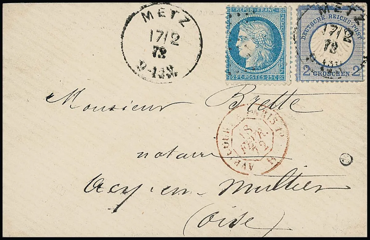 2 Gr. modrá, pro vydání typicky mírně zkrácené zuby, v dvojité frankatuře s Francie 25 C. modrá, Ceres, na dámě dopise s K1 "Metz", 17.2.72, do Acy