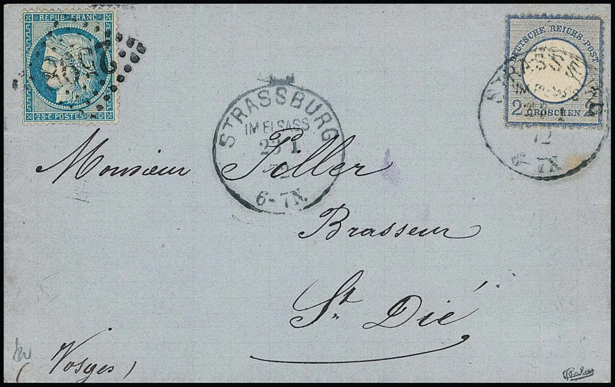 2 Gr. bleu, dentelé habituellement, en double affranchissement avec France 25 C. bleu, Cérès, sur lettre pliée avec K1 de Strasbourg, 23.1.72, resp. NS "2598", pour St. Die. Sign. Calves