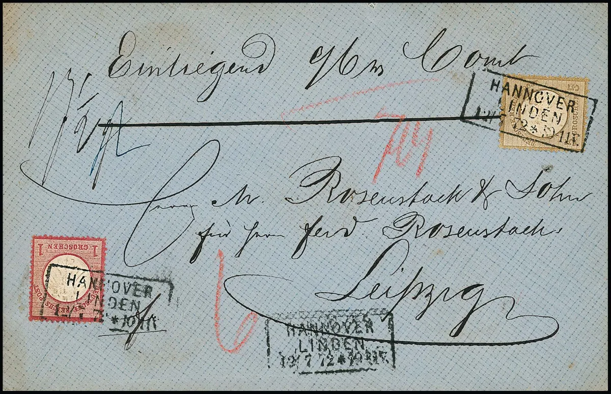 5 Gr. ockerbraun, Plattenfehler "heller Fleck im Bogen der rechten 5", üblich gezähnt, nebst 1 Gr. rosa auf Leinen-Wertcouvert aus Hannover Linden. Mi. 700,-