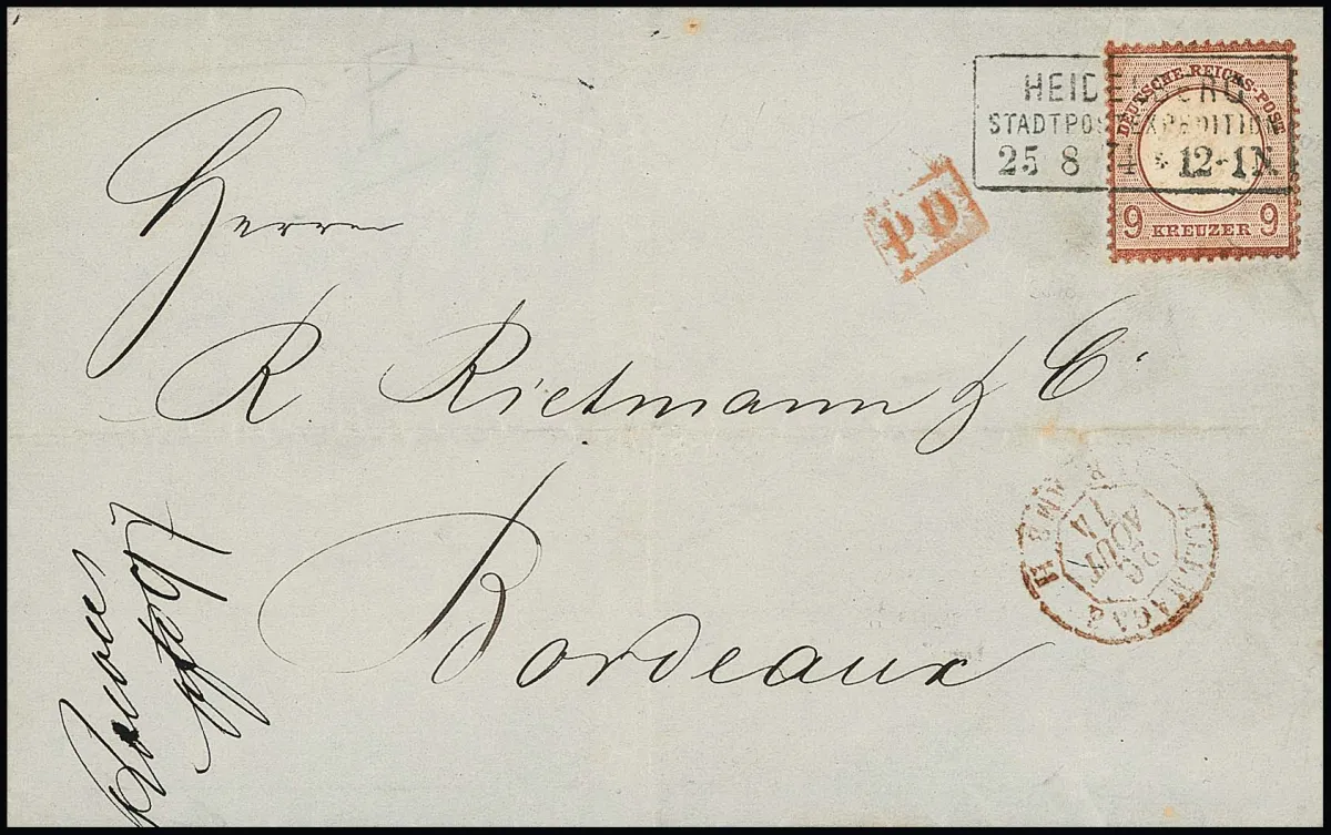 9 Kr. red-brown, slightly toned, as single franking on cover with Ra3 "Heidelberg" to Bordeaux, certificate Krug. Mi. 800,-