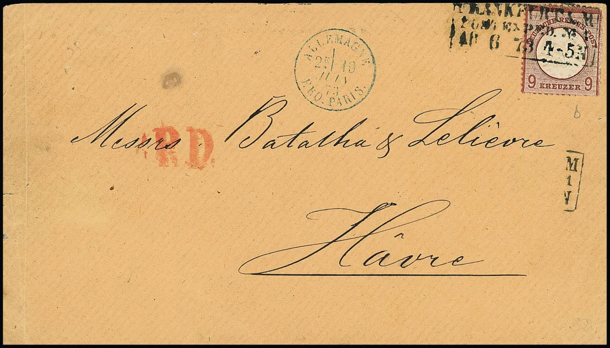 9 Kr. lilas brun (un peu "carré-rond") seul sur enveloppe étrangère beige de Francfort 1873 pour Le Havre, certificat Sommer. Mi. 1200,-