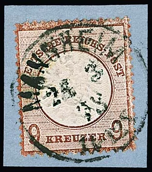 9 Kr. lilas brun, une dent de coin légèrement raccourcie, sinon bon, sur fragment de lettre (timbre détaché pour contrôle et replacé) avec K1 "Mannheim", photo exp. Krug. Mi. 600,-