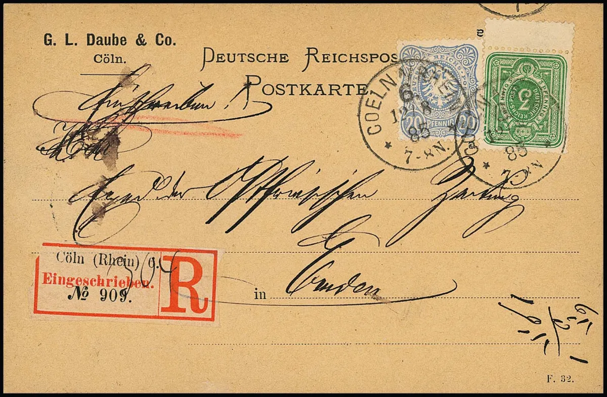 3 Pfg. vert et 20 Pfg. bleu clair sur rare carte imprimée recommandée de Coeln 1885 à Emden. Photoexp. Wiegand