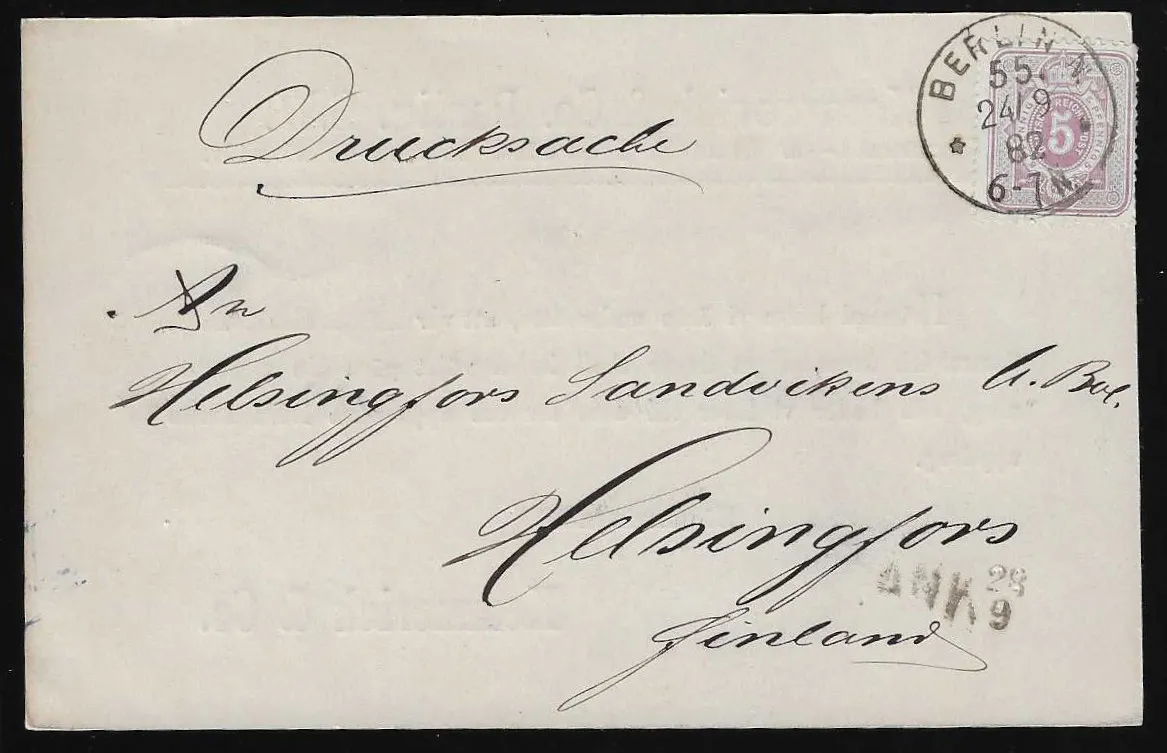 5 Pfg. purple (slight edge adhesion on right) single on private printed matter card from "Berlin 55" 1882 to Finland