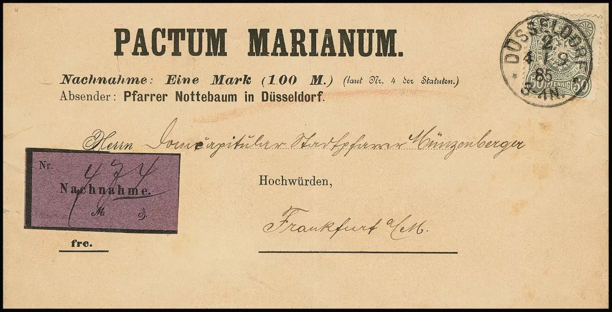 50 Pfg. chacune sur deux rares imprimés contre remboursement en progression de poids majorée (jusqu'à 250 g), de Hanovre 1884 sur adresse d'imprimé, ainsi que…