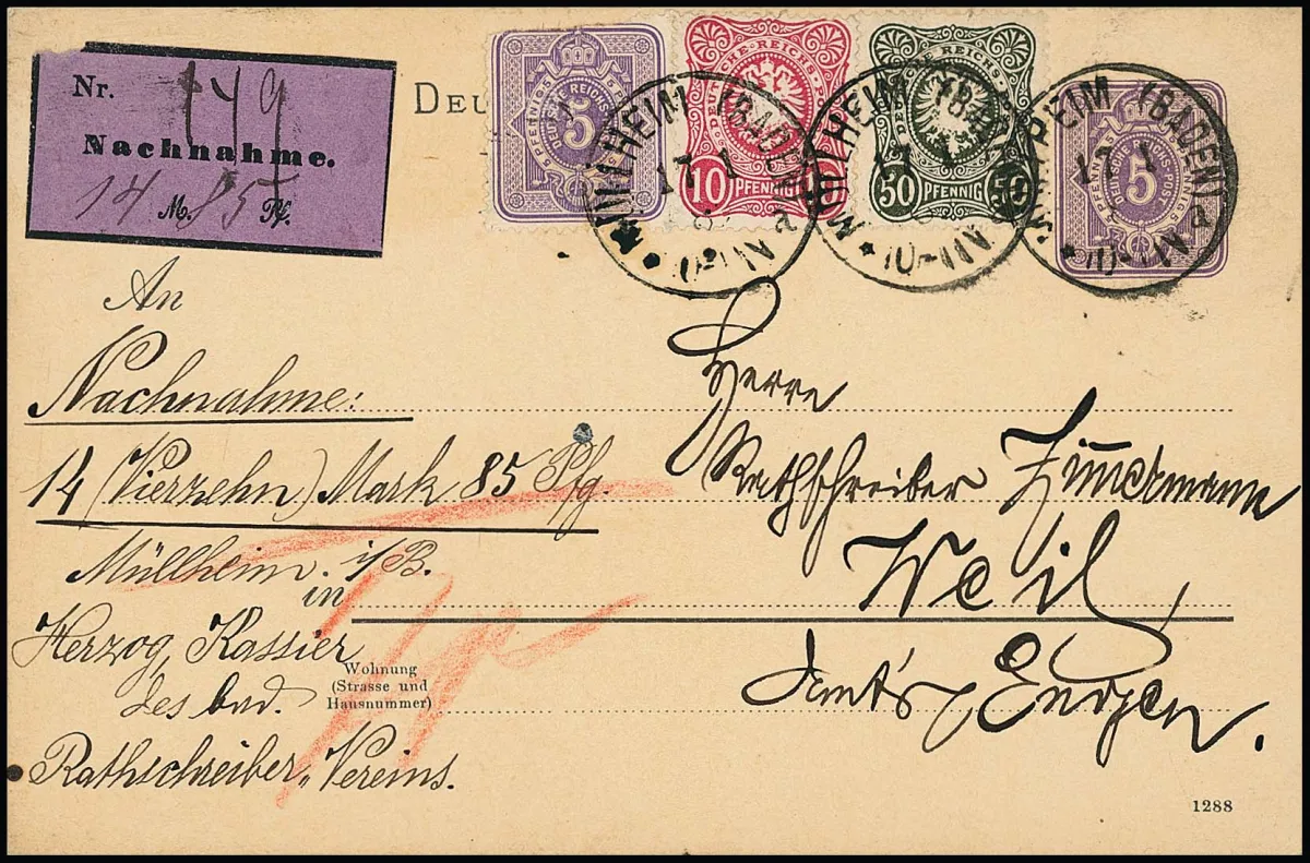 50 Pfg. oliv- bzw. dunkelgrün je in Kombination auf zwei NN-Ganzsachen 5 Pfg. purpur, einmal 1882 nebst 5 Pfg. aus Itzehoe, sowie 1882 nebst 5 (Randmgl.) und…
