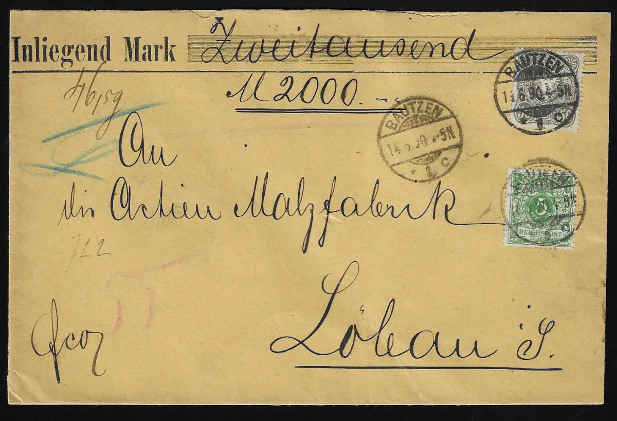 50 Pfg. dark olive in mixed franking with 5 Pfg. crown eagle on yellow value cover from Bautzen 1890