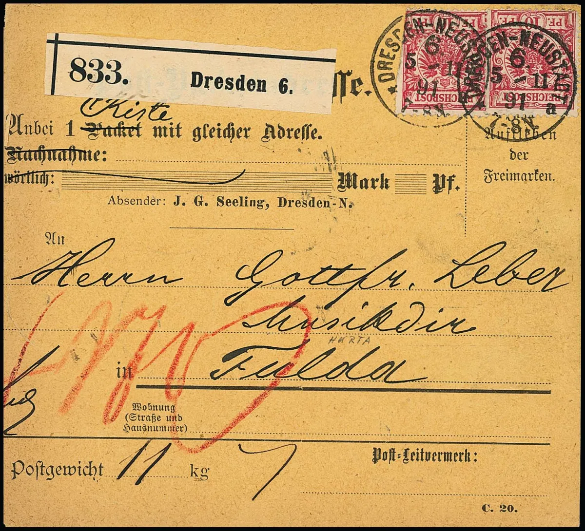 10 Pfg. rose rouge par 15, avec bande de trois (une valeur avec défaut d'angle) et bloc de dix rare, plus 20 Pfg., recto/verso sur carte-colis intérieure de Dresde-Neustadt…