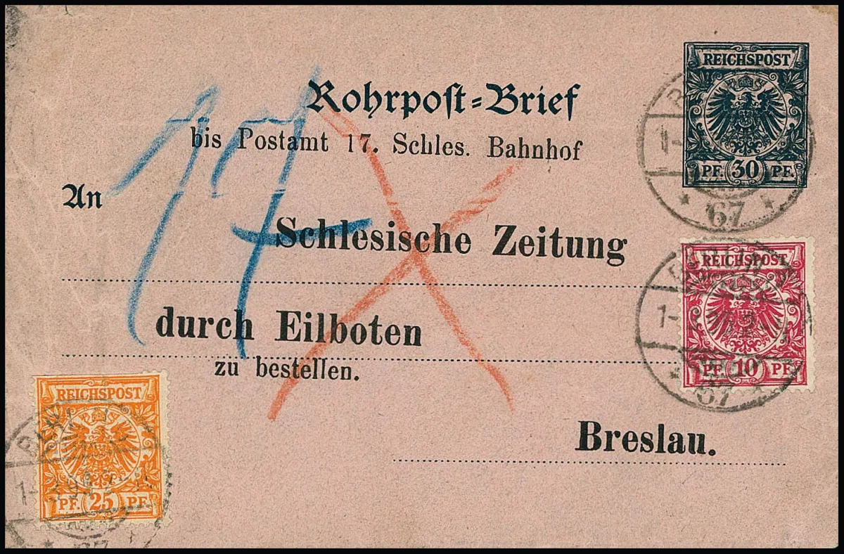 10 Pfg. rose and 25 Pfg. orange (this combination) on pneumatic post postal stationery 30 Pfg. blue, from Berlin as express mail to Breslau 1895. Rare combination with 10…