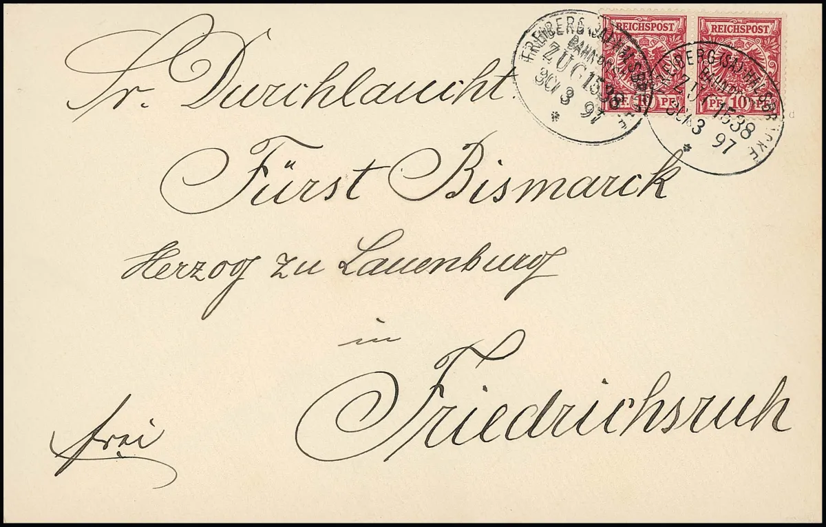 10 Pfg. rosa im Paar auf Bahnpostbrief, schön adressiert an den ehemaligen Reichskanzler Fürst Bismarck 1897 in Friedrichsruh, sign. Wiegand