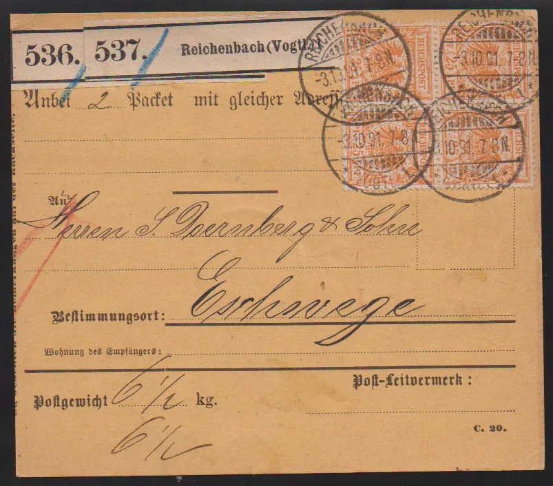 25 Pfg. yellow-orange in block of four, on reverse another strip of three plus 5 Pfg., on parcel card from Reichenbach 1891, signed Petry