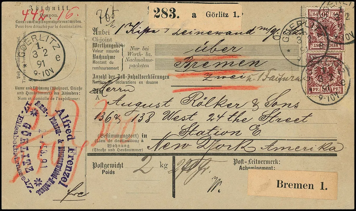 50 Pfg. fire red in six front/back (one stamp each with small perforation fault or corner perforation bend) on complete overseas parcel card from Goerlitz 1891 to New York, certificate Zenker. Mi. 1460,- +