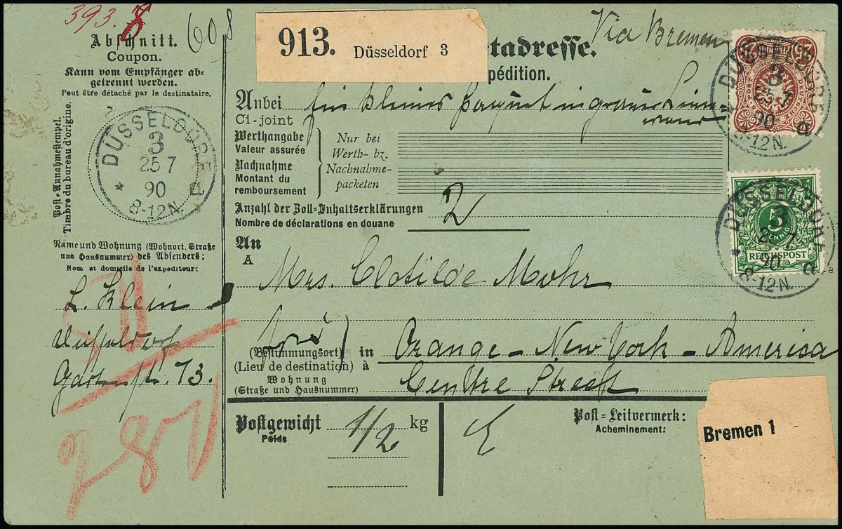 50 Pfg. reddish brown in rare block of six on reverse, front pfennig issue 25 Pfg. brown in mixed franking, plus 5 Pfg. crown eagle, on overseas parcel card from Düsseldorf, 25.7.1890, to New York, signed Wiegand