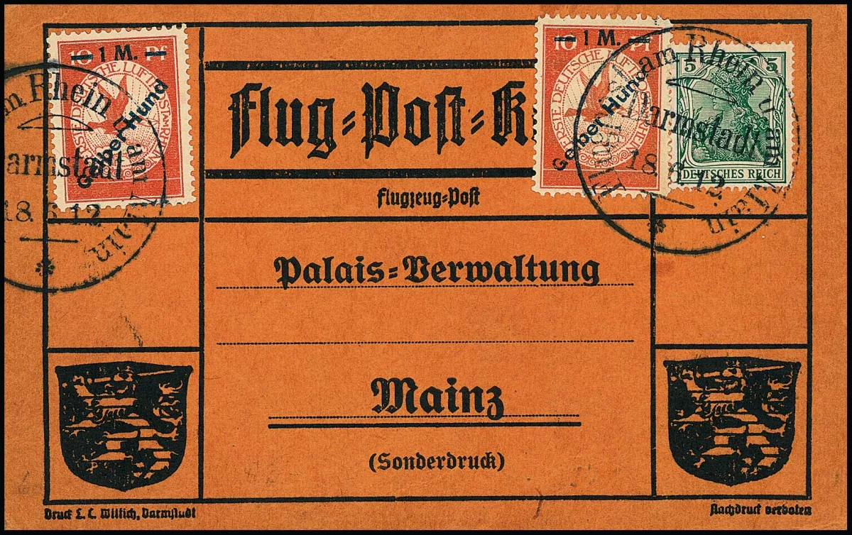 Flugpost "Gelber Hund" per zwei, einmal Plattenfehler "Huna", auf Flugpostkarte, Mi. 700,-