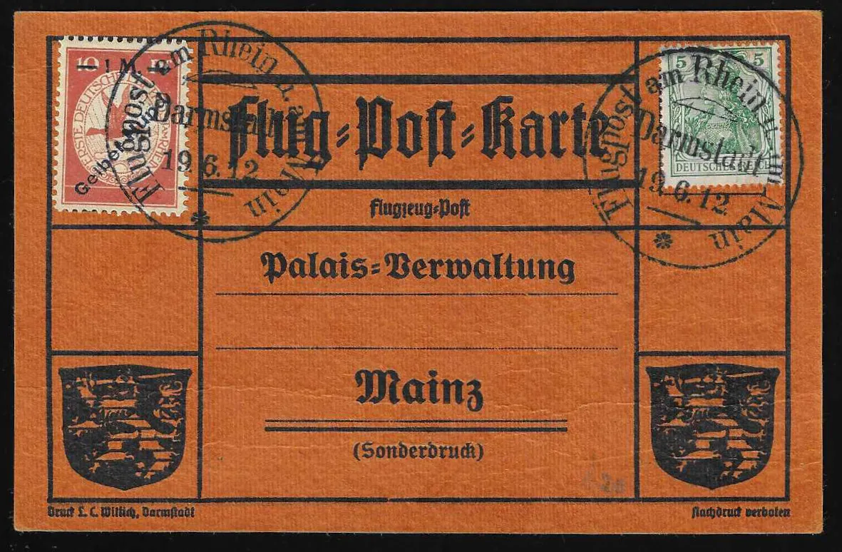 Airmail "Yellow Dog" with Germania 5 Pfg. on flawless official airmail postcard, ideal cancellation "Darmstadt 19/6 12". Mi. 280,-