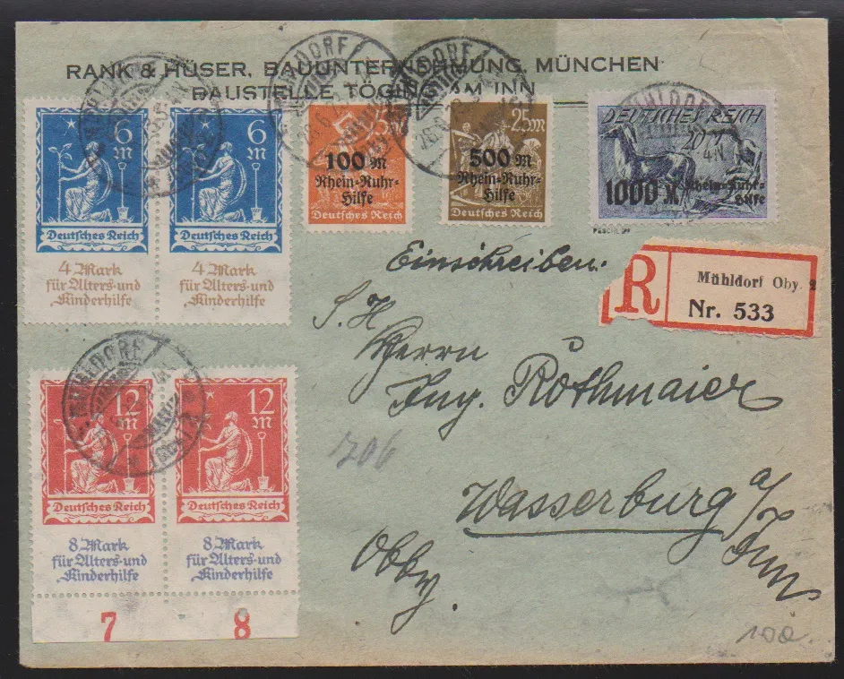 Altershilfe in pairs, with Rhein-Ruhr-Hilfe and other franking on almost postage-paid registered letter (slight traces) from Mühldorf, signed Peschl. Mi. loose 290,-