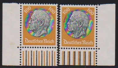 100 Pfg. Hindenburg, two mint never hinged roller print sheet corners, bottom left (small stock point) and bottom right (good, signed Schlegel)