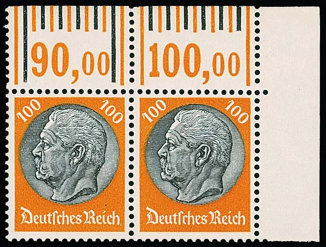 100 Pfg. Hindenburg in mint never hinged pair from the upper right sheet corner with both roller variants. The sheet corner has a small adherence and is counted only as unused, Mi. already 680,-